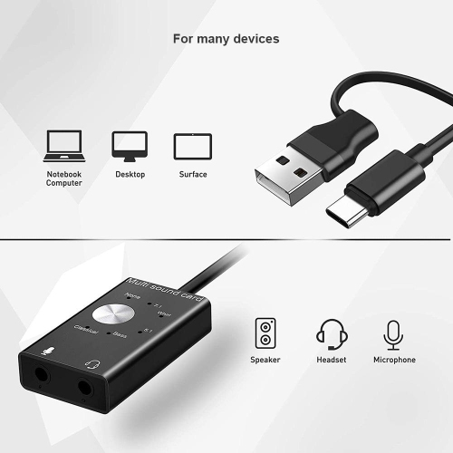 Compact Multi-sound USB and Type-C Sound Card with Noise Reduction Chip with 6 sound effects- PrimeCables®