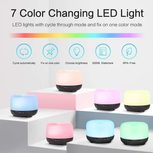 Essential Oil Diffusers, 7-in-1 500ml water tank with remote control, black ebony color aroma diffuser, cold mist humidifier, 4 timers, 7-color soft
