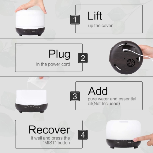 Essential Oil Diffusers, 7-in-1 500ml water tank with remote control, black ebony color aroma diffuser, cold mist humidifier, 4 timers, 7-color soft