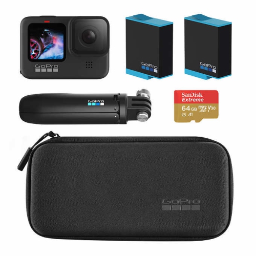 GoPro HERO9 Black MEGA Bundle - GoPro HERO 9 Black +2 Spare Battery + The Handler Tripod + Compact Case + 64 GB MicroSD Card + Travel Case and +50