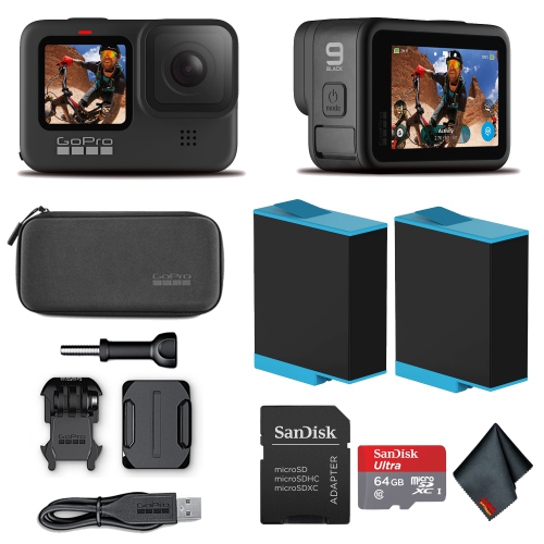 GoPro HERO9 Black MEGA Bundle - GoPro HERO 9 Black +2 Spare Battery + The Handler Tripod + Compact Case + 64 GB MicroSD Card + Travel Case and +50