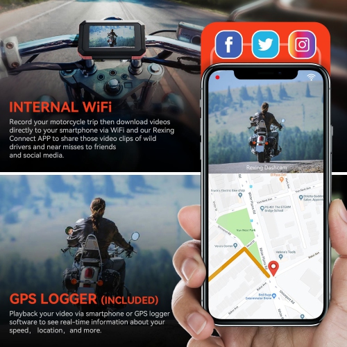 Rexing MTC1 Dual Channel 1080P Motorcycle Dash Cam with Wi-Fi & GPS - Black