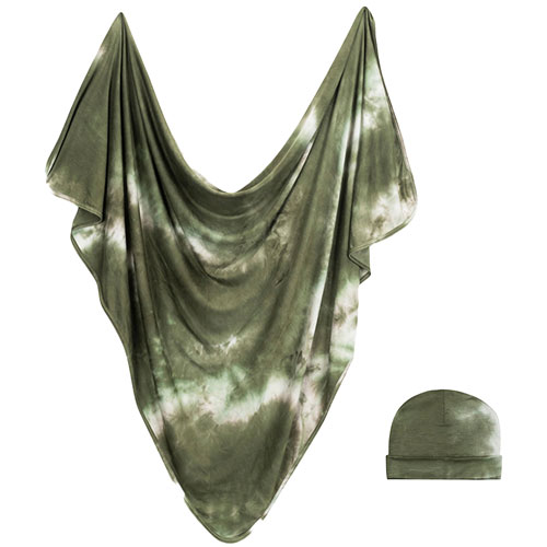 Couverture à emmailloter et bonnet Forever de Bazzle Baby - 0 à 3 mois - Teinture olive sur noeuds