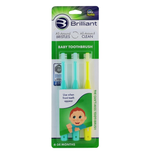 Brilliant Baby Toothbrush by Baby Buddy, for Ages 4-24 Months, Round Head, Bristles Clean All-Around Mouth