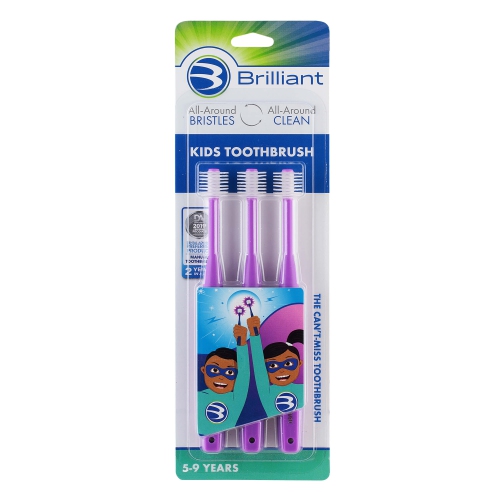 Brosse à dents brillante pour enfants de 5-9 à 5 ans, tête ronde, poils en microfibre nettoyer tout autour de la bouche, violet, paq./3