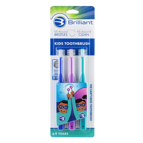 Brosse à dents pour enfants de 5-9 ans de Brilliant, tête ronde, soies en microfibre nettoyer tout autour, bleu royal-violet-sarcelle, 3pk