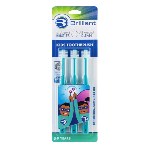 Brilliant Kids Toothbrush for Ages 5-9 Years, Round Head, Microfiber Bristles Clean All-Around Mouth, Teal, 3 Pack