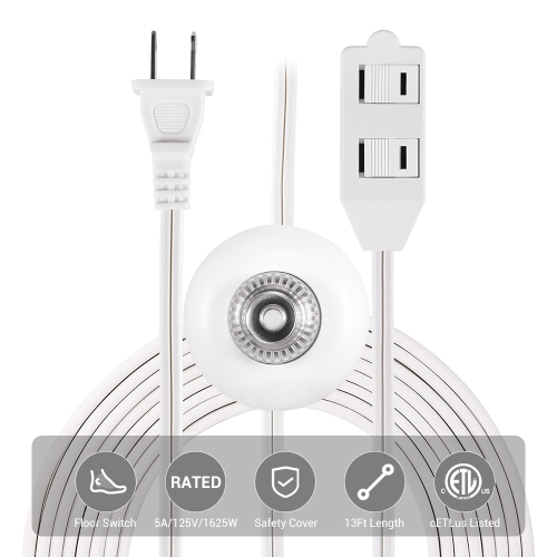 13Ft 2-Prong 3-Outlet Indoor Extension Cord with Foot Switch, 5A/125V/1625W for Lamps, Holiday and Christmas Lights