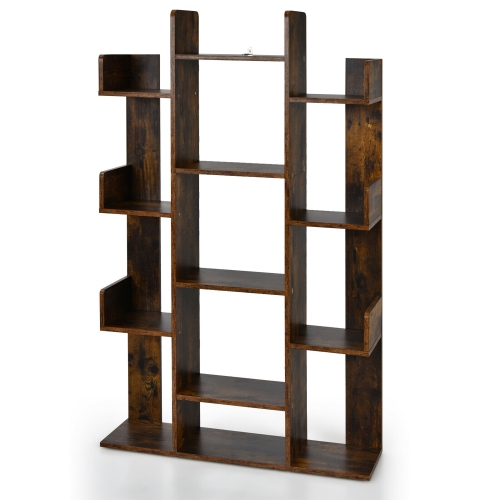 GYMAX  Bookshelf Tree-Shaped Bookcase W/13 Storage Shelf Rustic Industrial Style