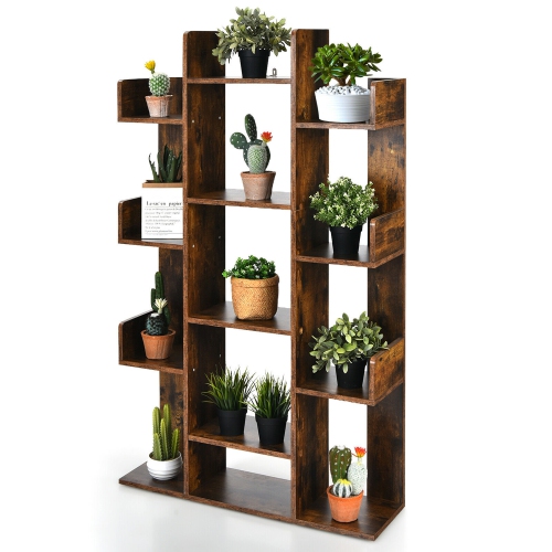 Gymax Bookshelf Tree-Shaped Bookcase w/13 Storage Shelf Rustic Industrial Style