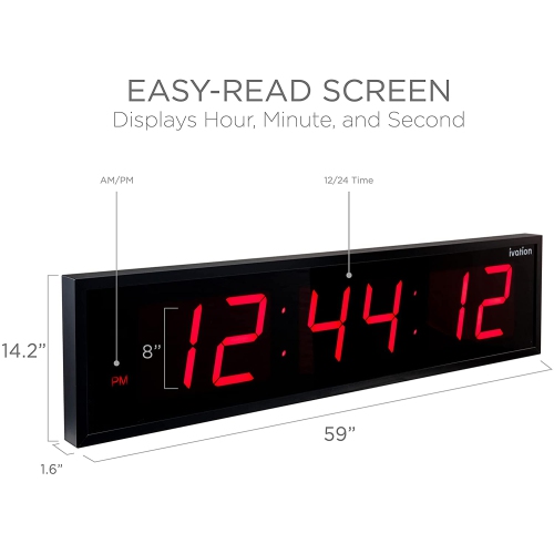 Ivation Huge 60" Inch Large Big Oversized Digital LED Clock with Stopwatch, Alarms, Countdown Timer & Temp - Shelf or Wall Mount | 6-Level