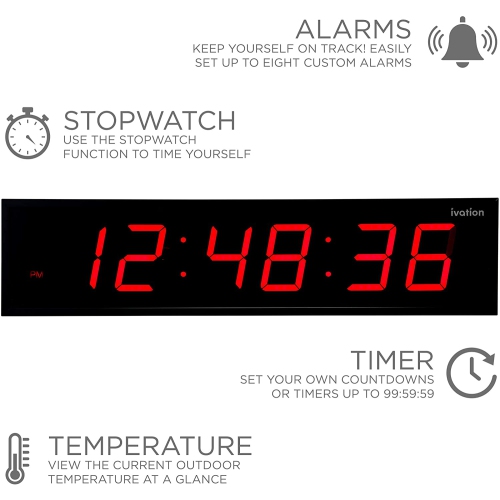 Ivation Huge 60" Inch Large Big Oversized Digital LED Clock with Stopwatch, Alarms, Countdown Timer & Temp - Shelf or Wall Mount | 6-Level