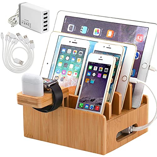Bamboo Charging Station for Multiple Devices with 5 Port USB Charger, 5 Charger Cables,Watch and Earbud Stand; Pezin & Hulin