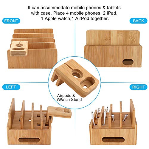 Bamboo Charging Station for Multiple Devices with 5 Port USB Charger, 5 Charger Cables,Watch and Earbud Stand; Pezin & Hulin