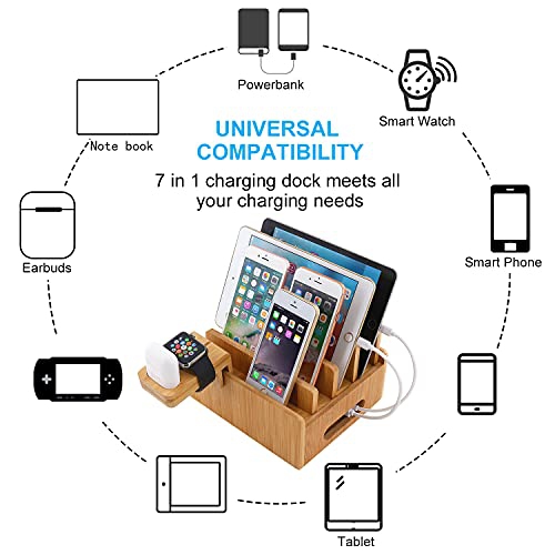 Bamboo Charging Station for Multiple Devices with 5 Port USB Charger, 5 Charger Cables,Watch and Earbud Stand; Pezin & Hulin