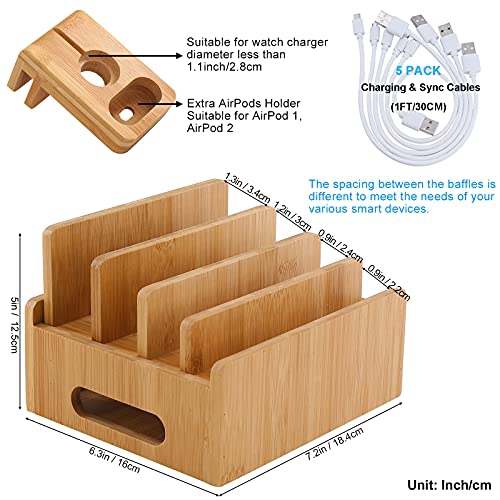 Bamboo Charging Station for Multiple Devices with 5 Port USB Charger, 5 Charger Cables,Watch and Earbud Stand; Pezin & Hulin