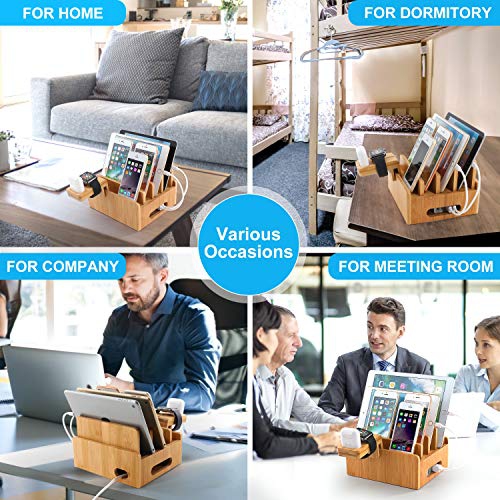 Bamboo Charging Station for Multiple Devices with 5 Port USB Charger, 5 Charger Cables,Watch and Earbud Stand; Pezin & Hulin
