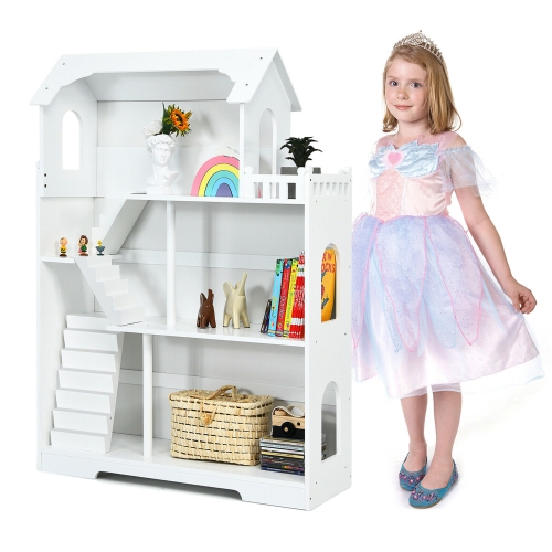 Gymax 3-Tier Wooden Dollhouse Bookcase Children's Bookshelf in Kid's Room Gift for 3+
