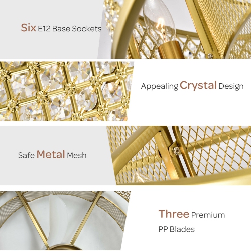 Gymax 30'' Caged Ceiling Fan With Light Crystal Lampshade 6 Light Bases