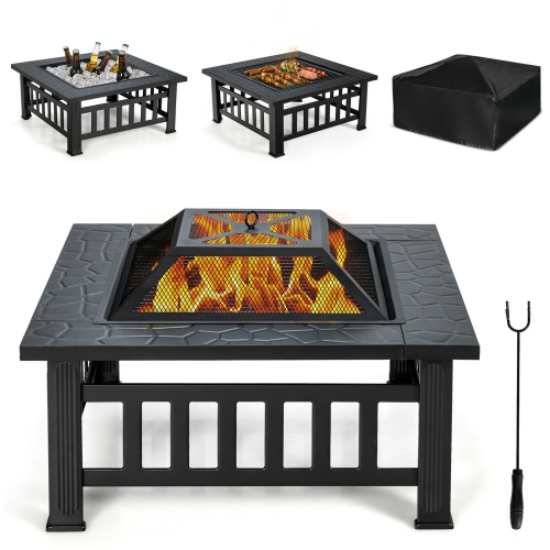 GYMAX  32" 3 In 1 Outdoor Square Fire Pit Table W/ Bbq Grill, Rain Cover for Camping