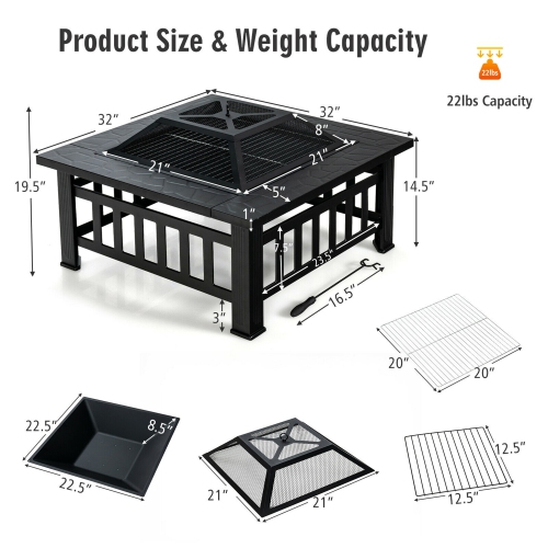 Gymax 32'' 3 in 1 Outdoor Square Fire Pit Table W/ BBQ Grill, Rain Cover for Camping
