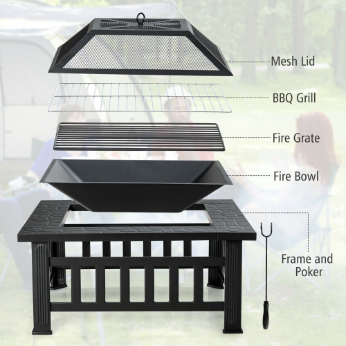 Gymax 32'' 3 in 1 Outdoor Square Fire Pit Table W/ BBQ Grill, Rain Cover for Camping
