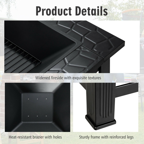 Gymax 32'' 3 in 1 Outdoor Square Fire Pit Table W/ BBQ Grill, Rain Cover for Camping