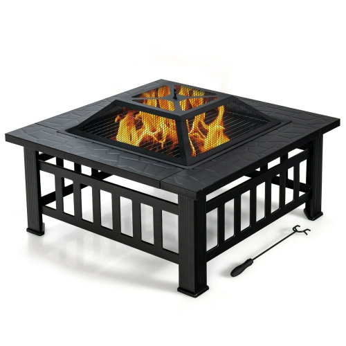 Gymax 32'' 3 in 1 Outdoor Square Fire Pit Table W/ BBQ Grill, Rain Cover for Camping