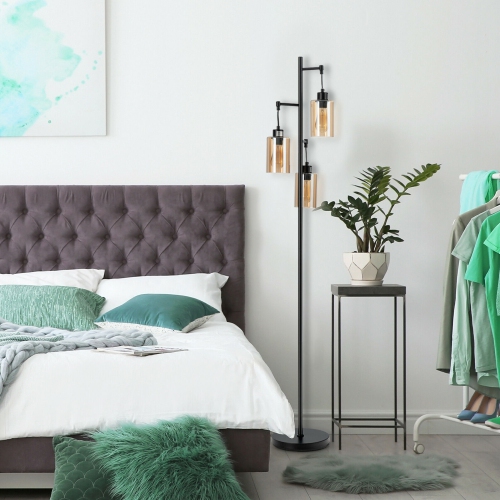 Gymax Freestanding Floor Lamp Retro Floor Lamp w/3-Head Hanging Amber Glass Shade