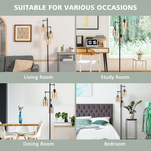 Gymax Freestanding Floor Lamp Retro Floor Lamp w/3-Head Hanging Amber Glass Shade