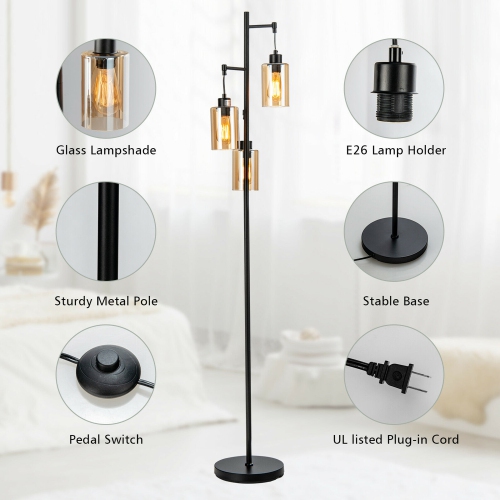 Gymax Freestanding Floor Lamp Retro Floor Lamp w/3-Head Hanging Amber Glass Shade