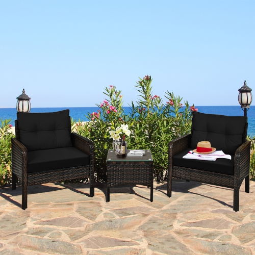 GYMAX  3PCs Rattan Patio Conversation Furniture Set Yard Outdoor W/ Cushions In Black