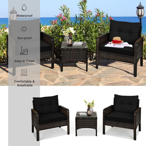 Gymax 3PCS Rattan Patio Conversation Furniture Set Yard Outdoor w/ Black Cushions