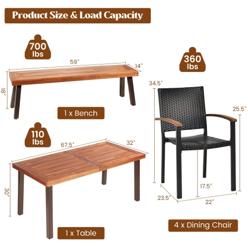 Gymax 6PCS Patio Rattan Dining Set Chairs Stack Acacia Wood Bench Table Top