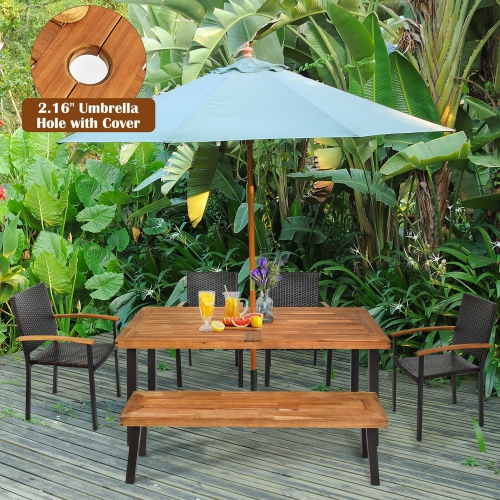 Gymax 6PCS Patio Rattan Dining Set Chairs Stack Acacia Wood Bench Table Top