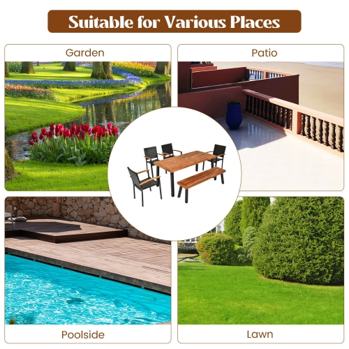 Gymax 6PCS Patio Rattan Dining Set Chairs Stack Acacia Wood Bench Table Top