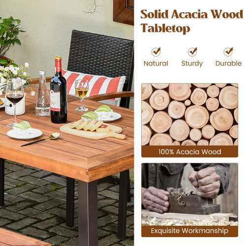 Gymax 6PCS Patio Rattan Dining Set Chairs Stack Acacia Wood Bench Table Top