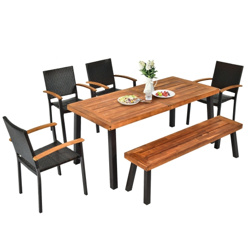 Gymax 6PCS Patio Rattan Dining Set Chairs Stack Acacia Wood Bench Table Top