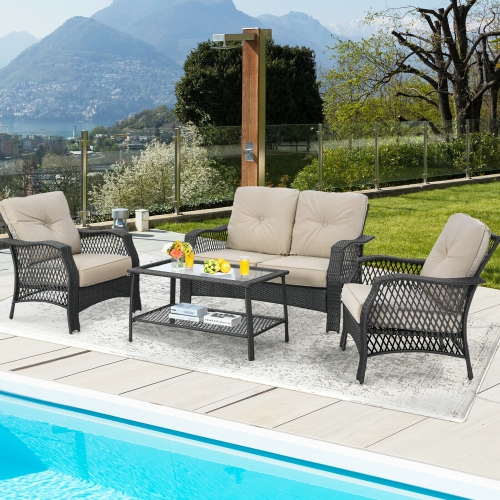 GYMAX  4PCs Cushioned Patio Conversation Set Outdoor Rattan Furniture Set