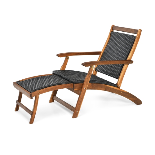 Gymax Set of 2 Folding Patio Acacia Wood Deck Chair Rattan Chaise Lounge Chair w/ Footrest
