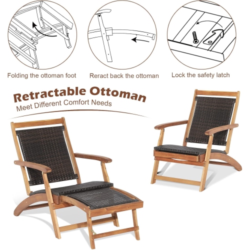 Gymax Folding Patio Acacia Wood Deck Chair Rattan Chaise Lounge Chair w/ Footrest