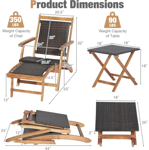 Gymax Folding Patio Acacia Wood Deck Chair Rattan Chaise Lounge Chair w/ Footrest