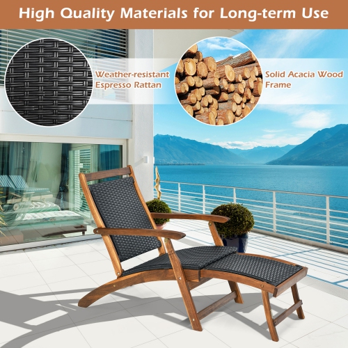 Gymax Folding Patio Acacia Wood Deck Chair Rattan Chaise Lounge Chair w/ Footrest