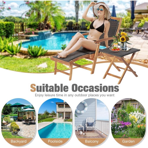 Gymax Folding Patio Acacia Wood Deck Chair Rattan Chaise Lounge Chair w/ Footrest