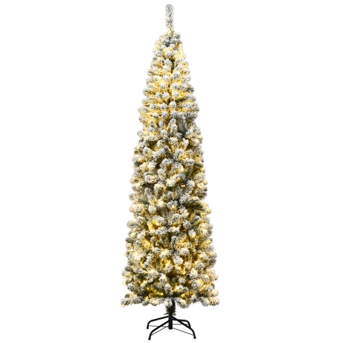 GYMAX  7.5Ft Pre-Lit Pencil Snow Flocked Pencil Christmas Tree Holiday Decoration