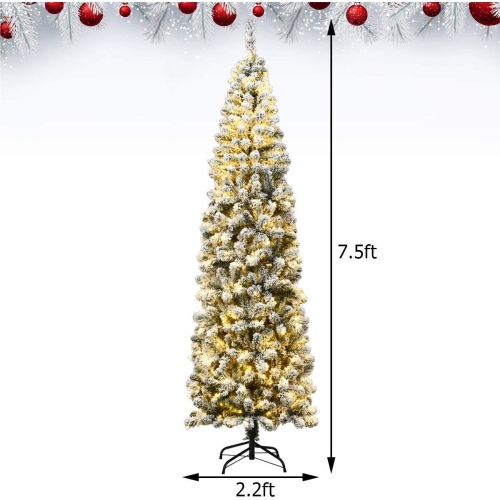 Gymax 7.5ft Pre-lit Pencil Snow Flocked Pencil Christmas Tree Holiday Decoration