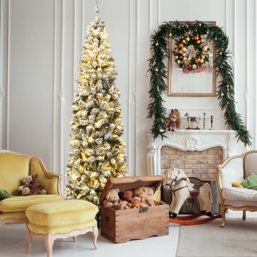 Gymax 7.5ft Pre-lit Pencil Snow Flocked Pencil Christmas Tree Holiday Decoration