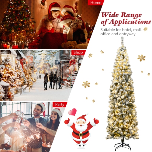 Gymax 7.5ft Pre-lit Pencil Snow Flocked Pencil Christmas Tree Holiday Decoration