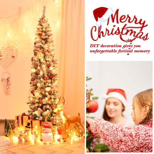 Gymax 7.5ft Pre-lit Pencil Snow Flocked Pencil Christmas Tree Holiday Decoration