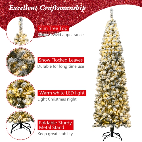 Gymax 7.5ft Pre-lit Pencil Snow Flocked Pencil Christmas Tree Holiday Decoration